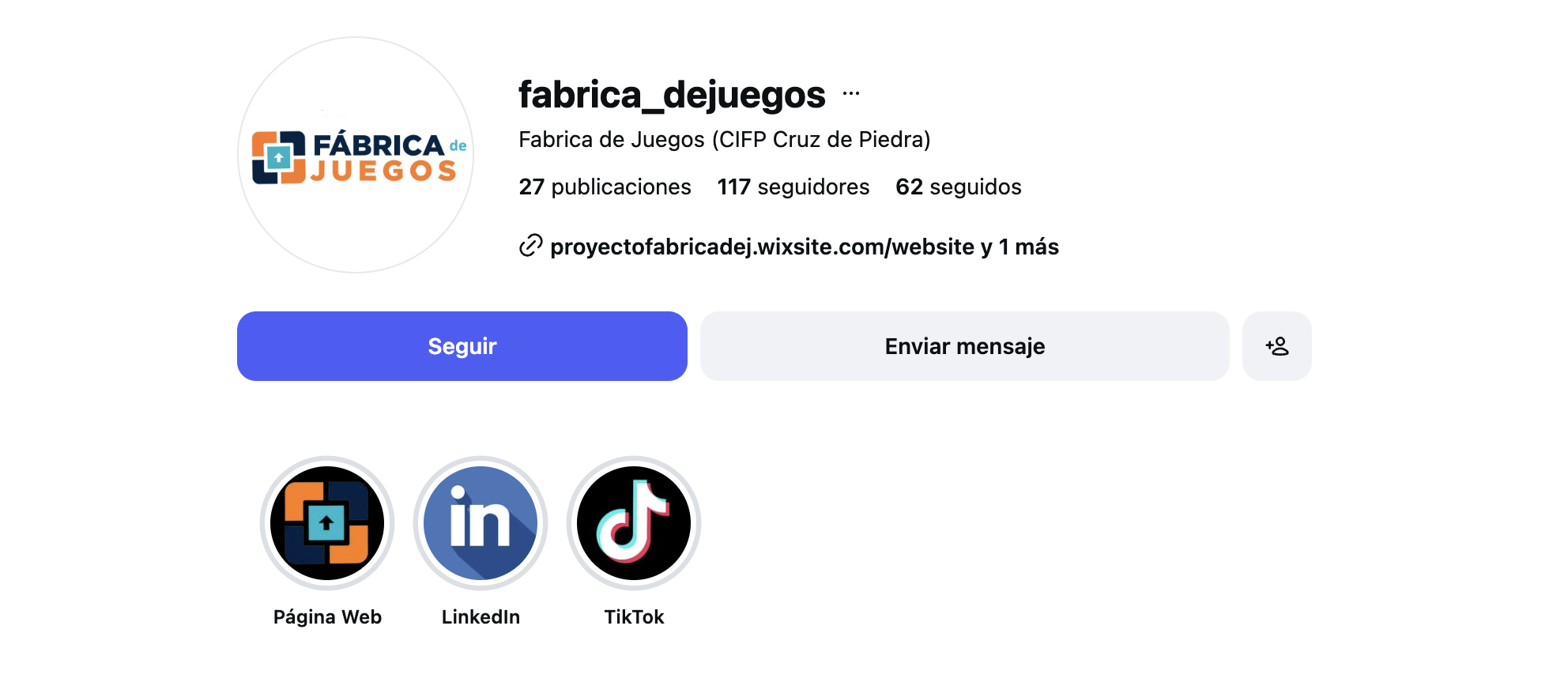 Perfil de Instagram de Fábrica de Juegos